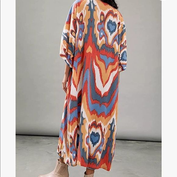 Multicolor Open Longline Three Quarter Sleeve Kimono Duster - Picture 13 of 15